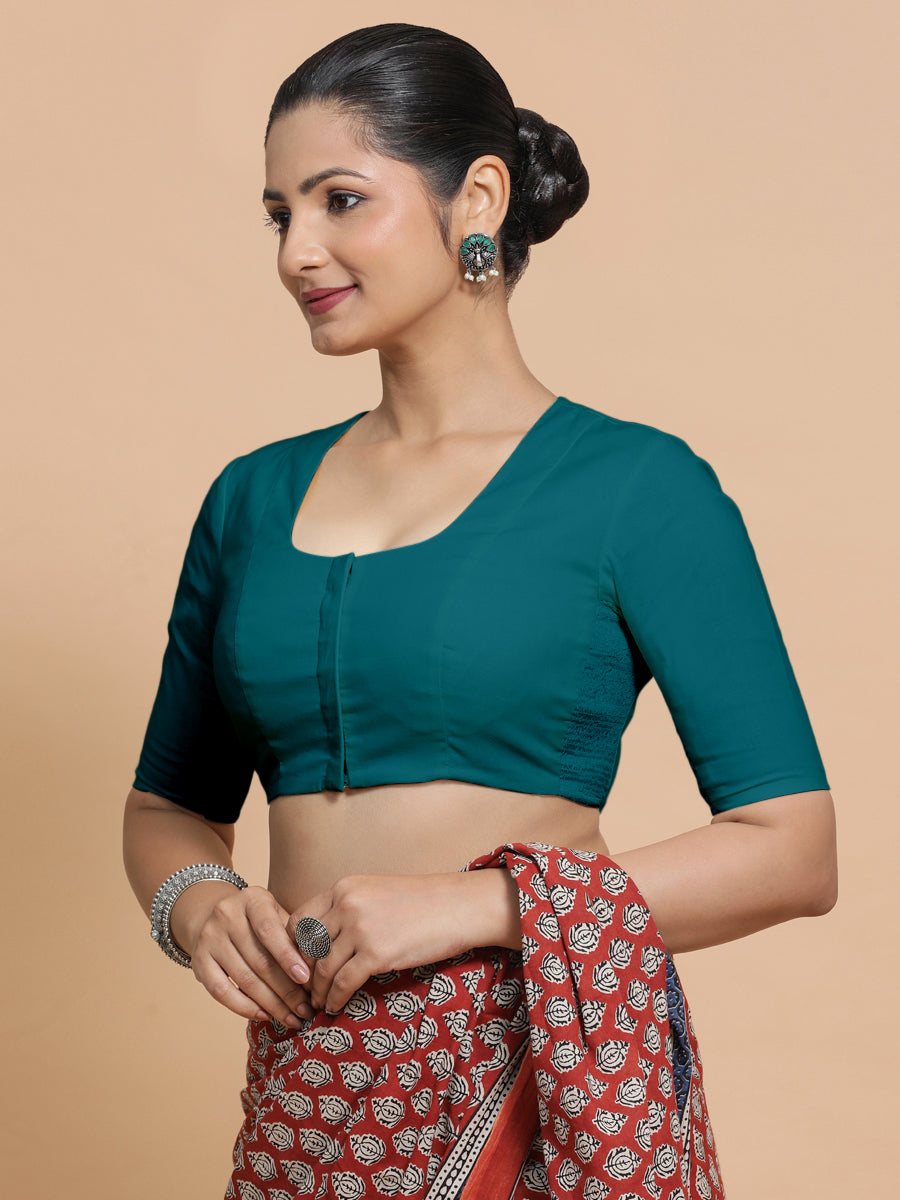 Sadia x Rozaana Saree Blouse, in Blue Linen, featuring elbow sleeves and round neckline, made for daily & work (view 8).