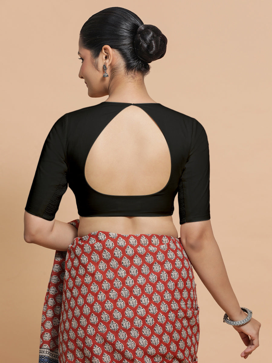 Sajal x Rozaana Saree Blouse, in Black Cotton, featuring elbow sleeves and pot neckline, made for daily & work (view 2).