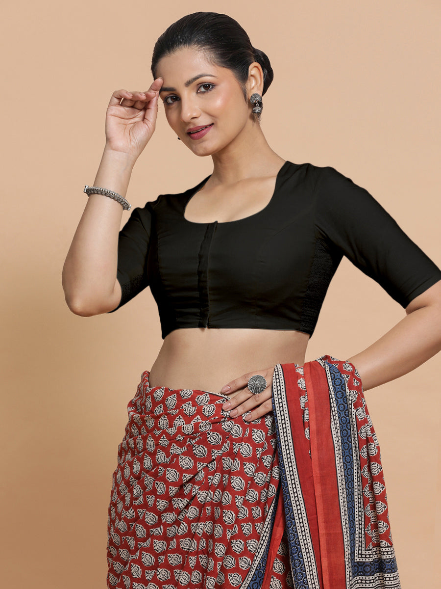 Sajal x Rozaana Saree Blouse, in Black Cotton, featuring elbow sleeves and pot neckline, made for daily & work (view 8).
