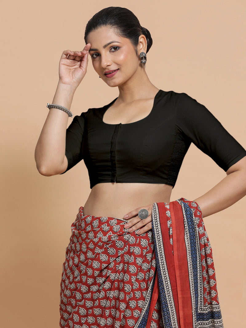 Sajal x Rozaana | Pot Neck Black Plain Cotton Saree Blouse-Binks