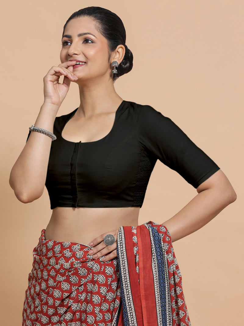 Sajal x Rozaana | Pot Neck Black Plain Cotton Saree Blouse-Binks