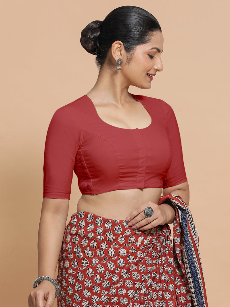 Sajal x Rozaana | Elbow Sleeves Saree Blouse in Carmine Red Plain Cotton-Binks