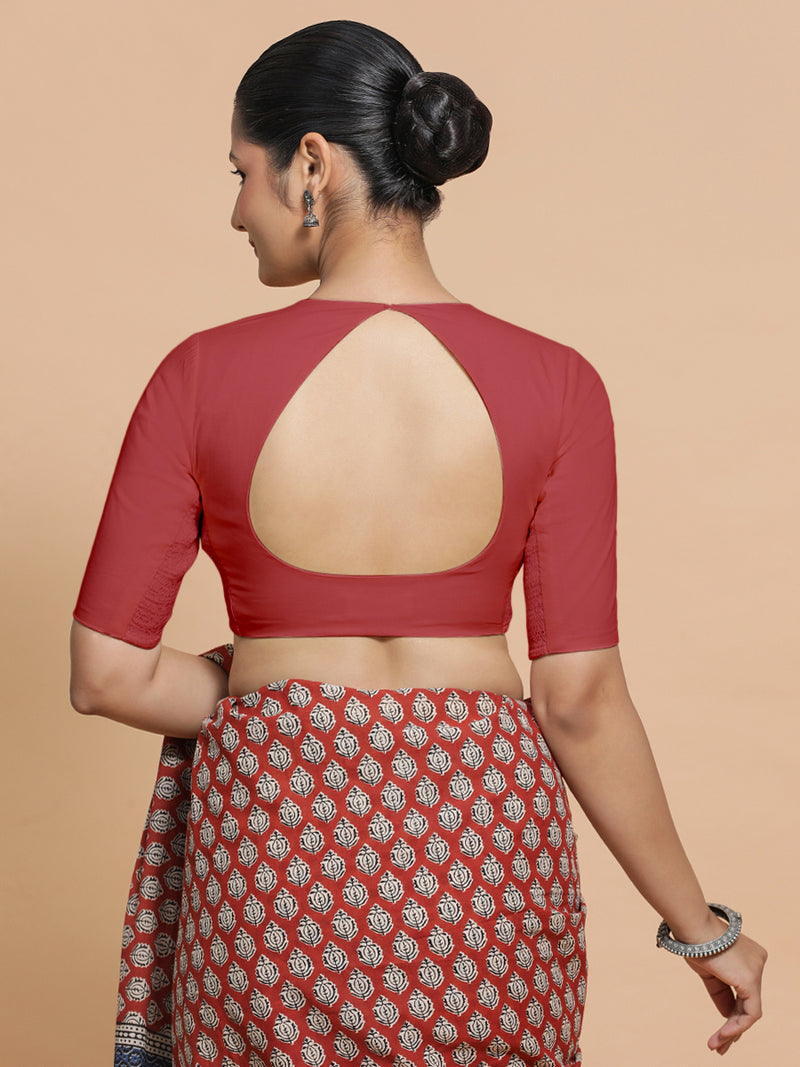 Sajal x Rozaana | Elbow Sleeves Saree Blouse in Carmine Red Plain Cotton-Binks