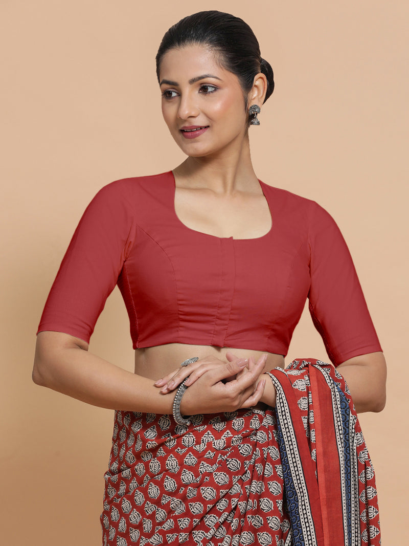 Sajal x Rozaana | Elbow Sleeves Saree Blouse in Carmine Red Plain Cotton-Binks
