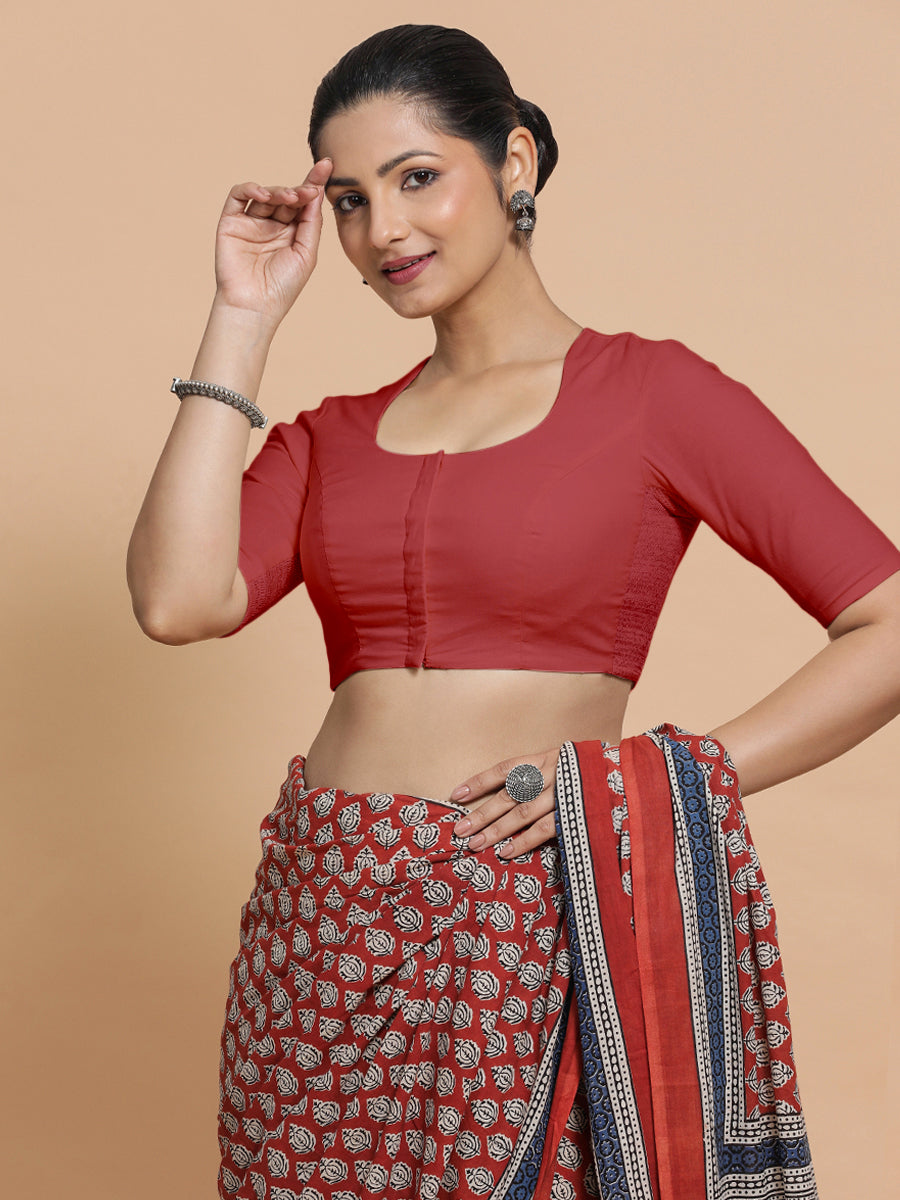 Sajal x Rozaana Saree Blouse, in Red 100% Cotton - Solid, featuring elbow sleeves and pot neckline, made for daily & work.