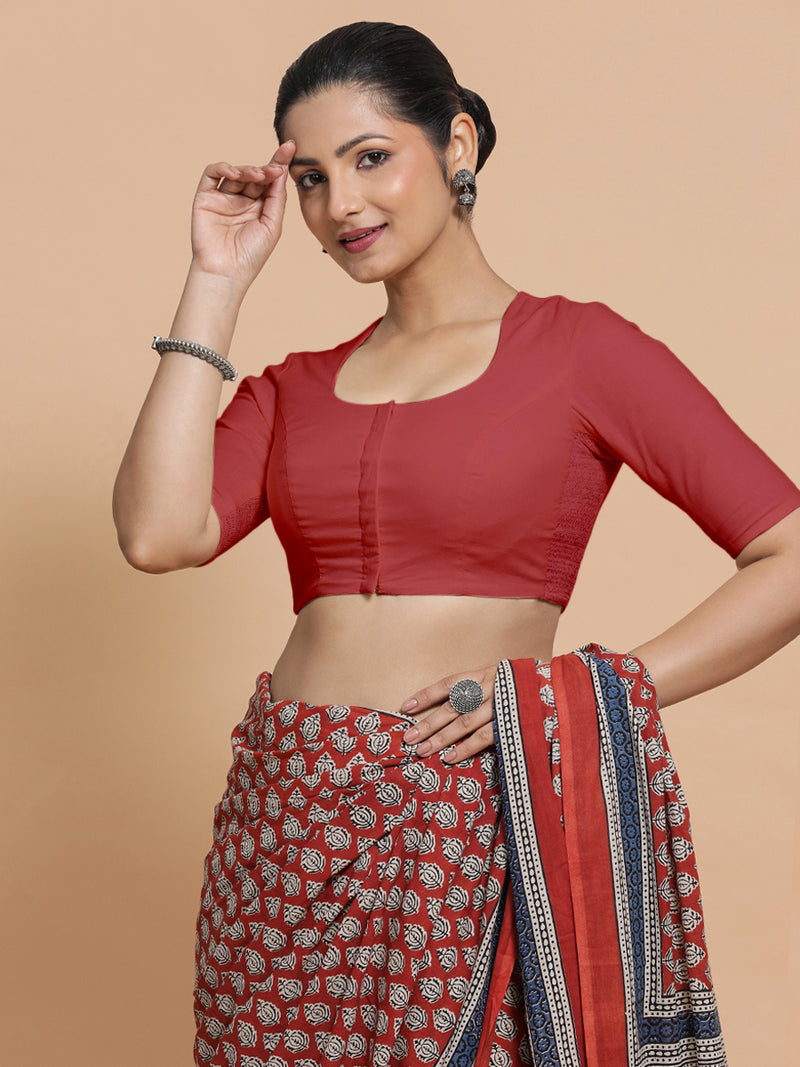 Sajal x Rozaana | Elbow Sleeves Saree Blouse in Carmine Red Plain Cotton-Binks