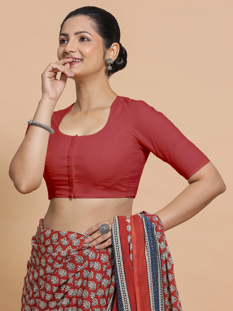 Sajal x Rozaana | Elbow Sleeves Saree Blouse in Carmine Red Plain Cotton-Binks