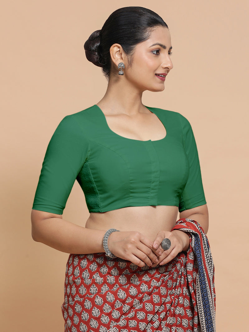 Sajal x Rozaana | Elbow Sleeves Saree Blouse in Castleton Green Plain Cotton-Binks