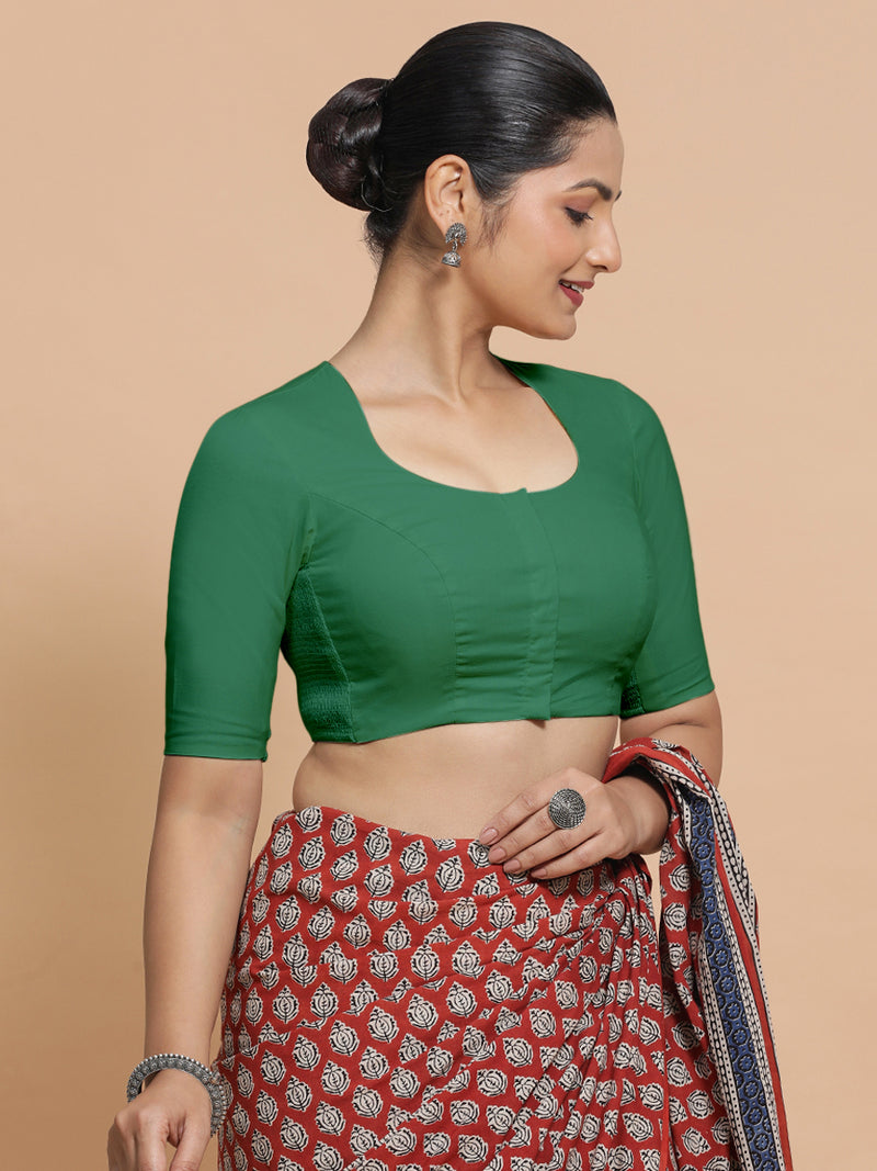 Sajal x Rozaana | Elbow Sleeves Saree Blouse in Castleton Green Plain Cotton-Binks