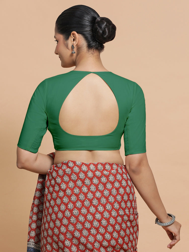 Sajal x Rozaana Saree Blouse, in Green 100% Cotton - Solid, featuring elbow sleeves and pot neckline, made for daily & work.