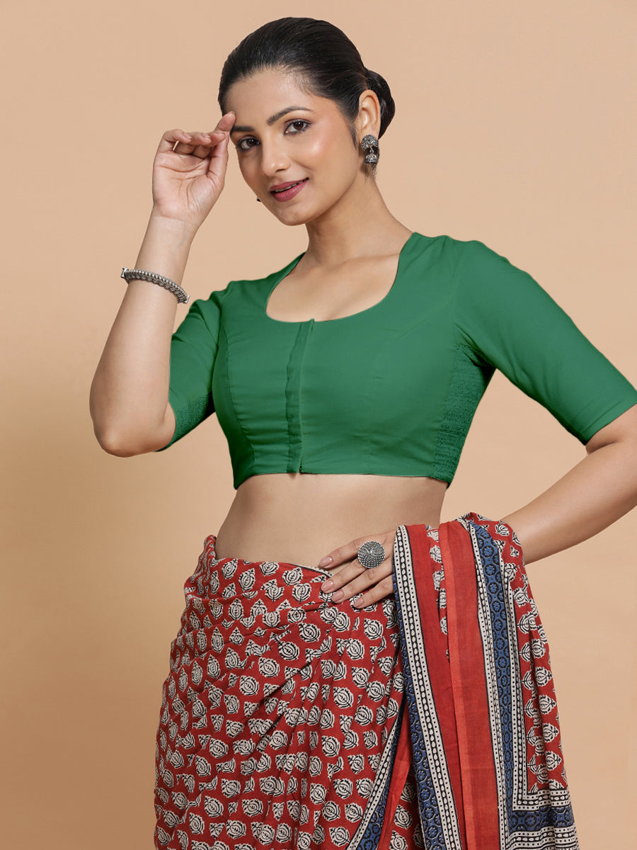 Sajal x Rozaana Saree Blouse, in Green 100% Cotton - Solid, featuring elbow sleeves and pot neckline, made for daily & work.