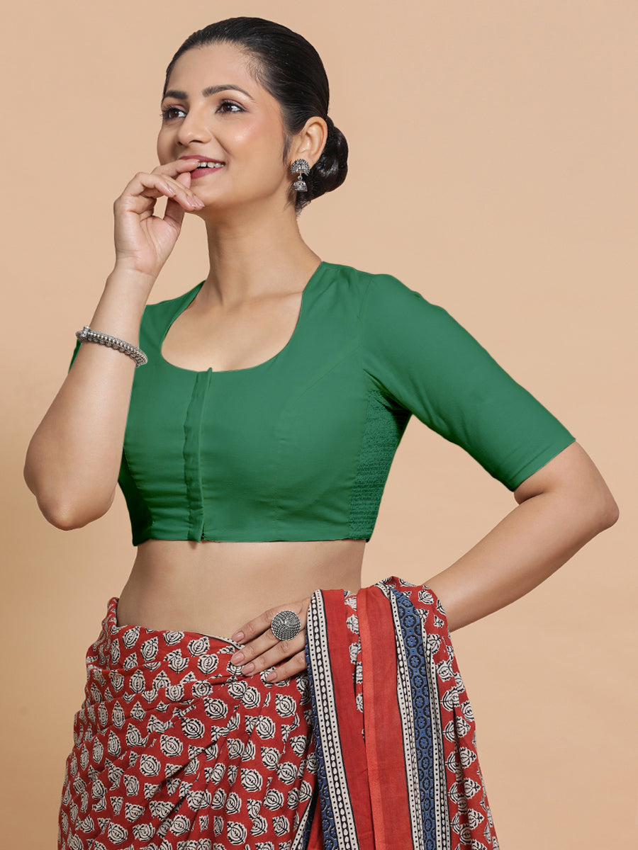 Sajal x Rozaana Saree Blouse, in Green 100% Cotton - Solid, featuring elbow sleeves and pot neckline, made for daily & work.