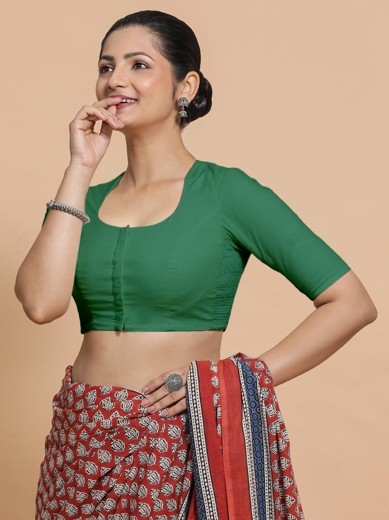Sajal x Rozaana | Elbow Sleeves Saree Blouse in Castleton Green Plain Cotton-Binks