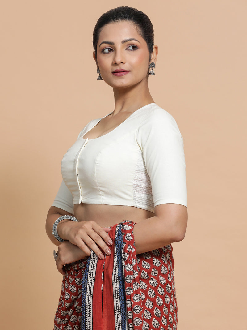 Sajal x Rozaana | Pot Neck Ivory Mist Plain Cotton Saree Blouse-Binks