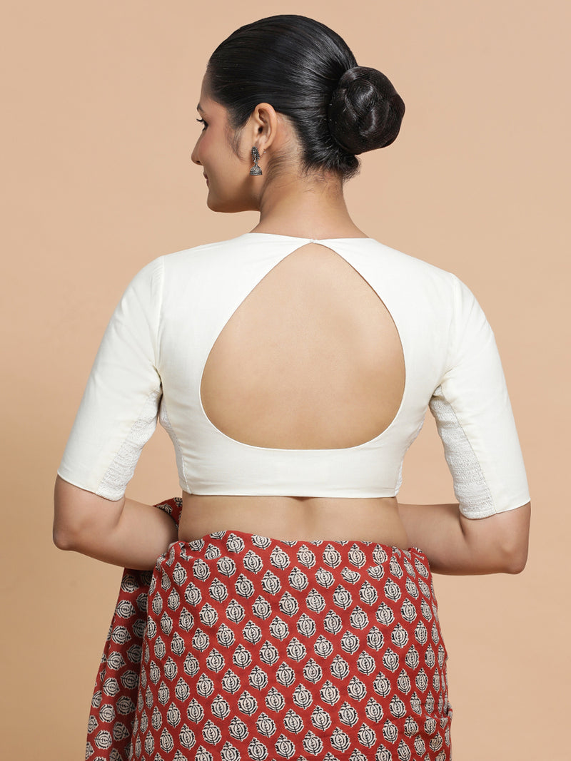 Sajal x Rozaana | Pot Neck Ivory Mist Plain Cotton Saree Blouse-Binks