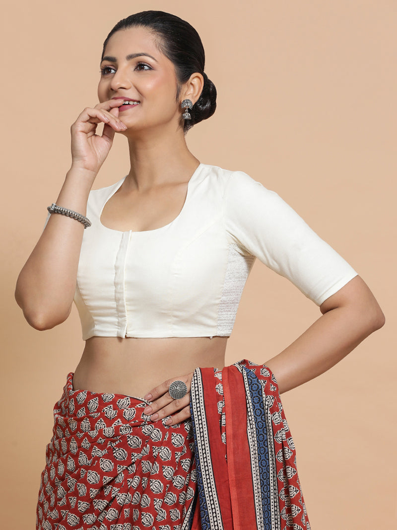 Sajal x Rozaana | Pot Neck Ivory Mist Plain Cotton Saree Blouse-Binks