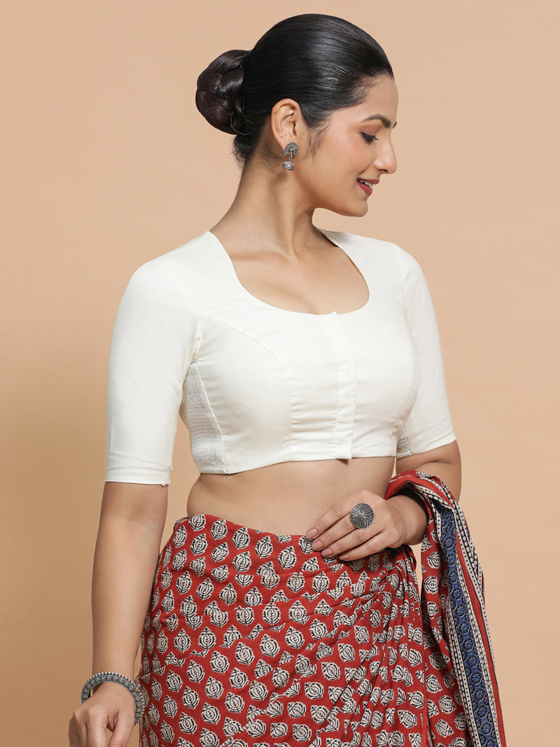 Sajal x Rozaana | Pot Neck Ivory Mist Plain Cotton Saree Blouse-Binks