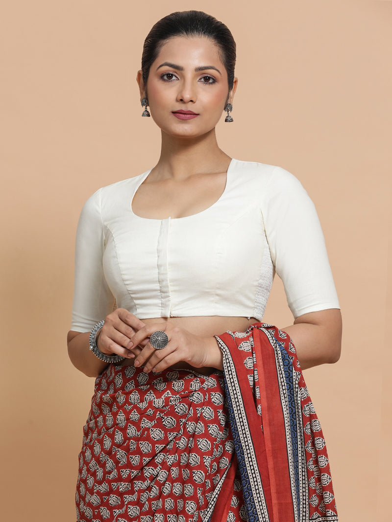 Sajal x Rozaana | Pot Neck Ivory Mist Plain Cotton Saree Blouse-Binks