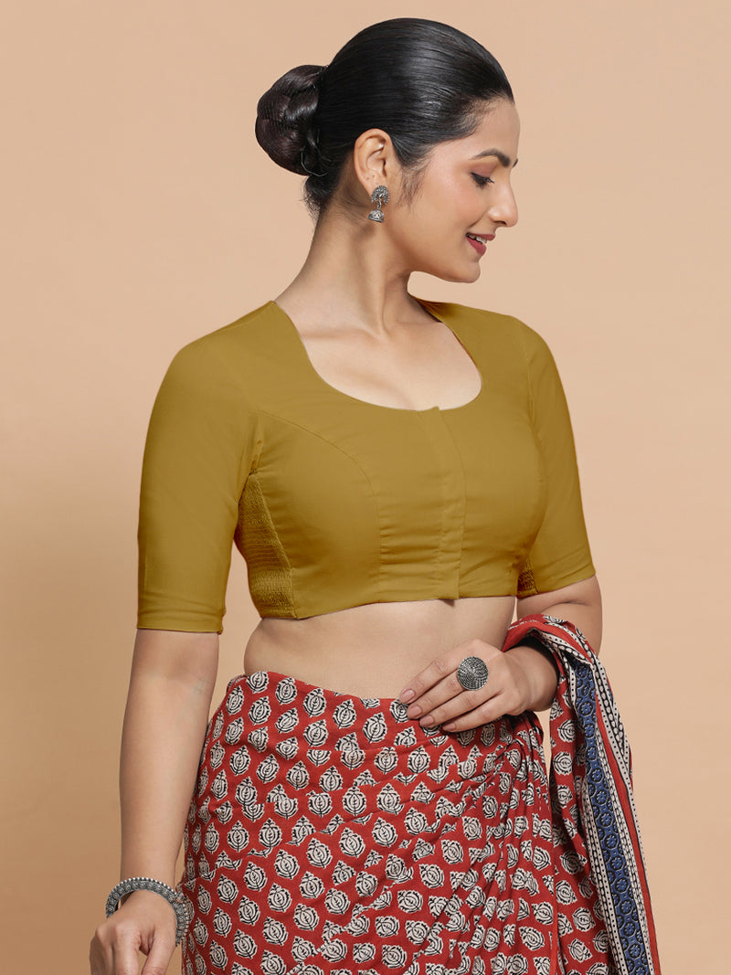 Sajal x Rozaana | Pot Neck Khaki Plain Cotton Saree Blouse-Binks