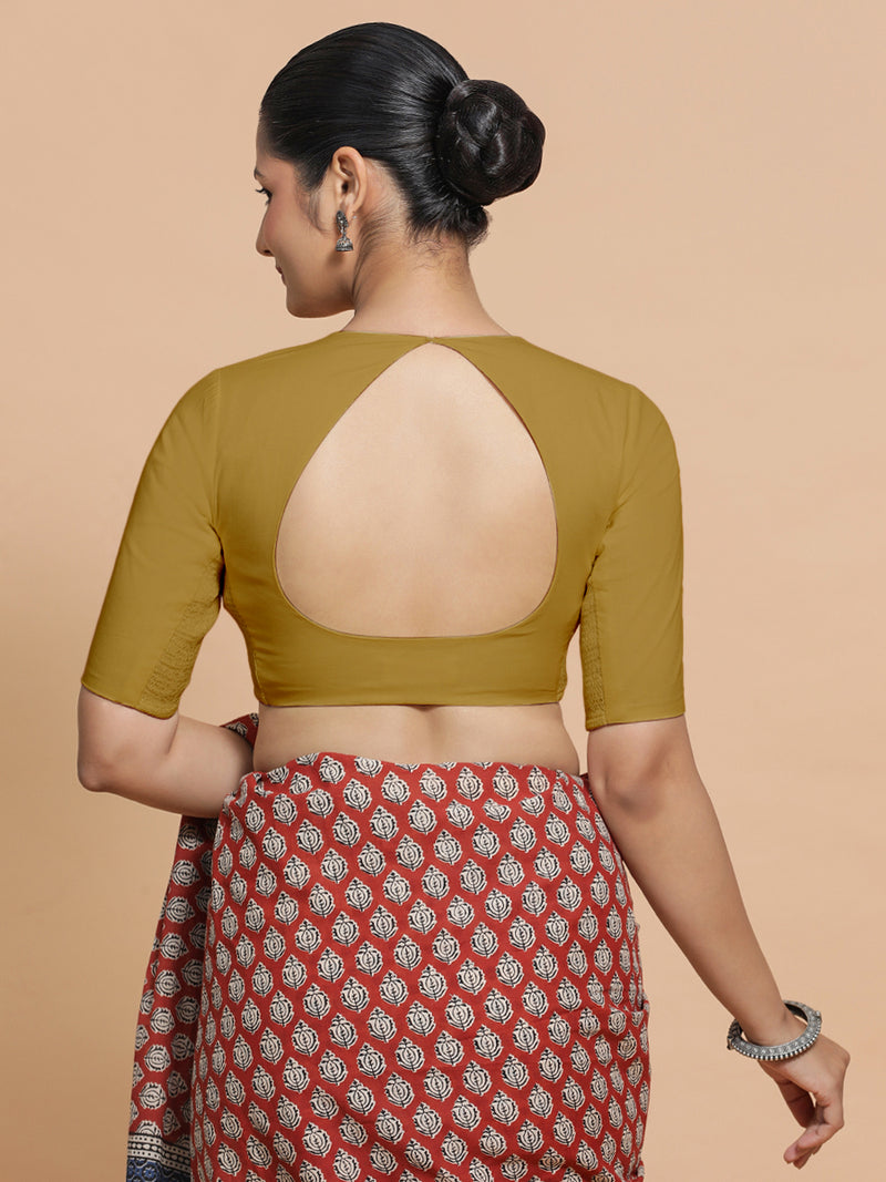 Sajal x Rozaana | Pot Neck Khaki Plain Cotton Saree Blouse-Binks