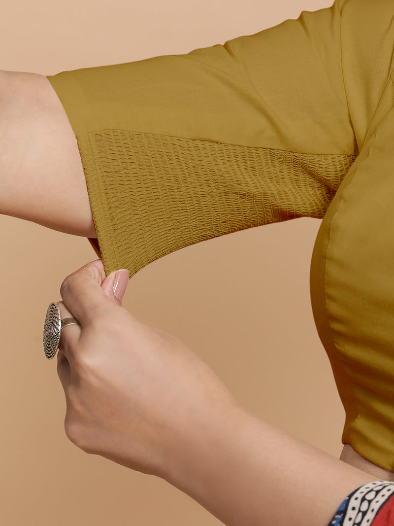 Sajal x Rozaana | Pot Neck Khaki Plain Cotton Saree Blouse-Binks