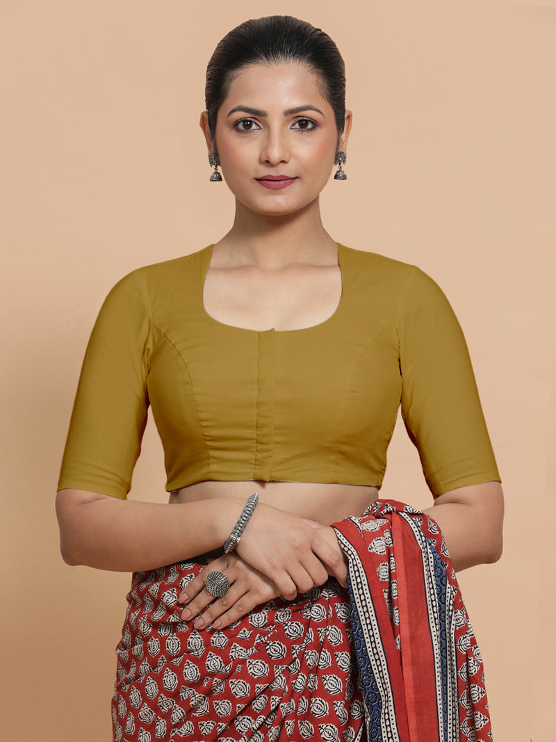 Sajal x Rozaana | Pot Neck Khaki Plain Cotton Saree Blouse-Binks