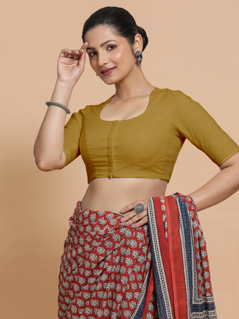 Sajal x Rozaana | Pot Neck Khaki Plain Cotton Saree Blouse-Binks