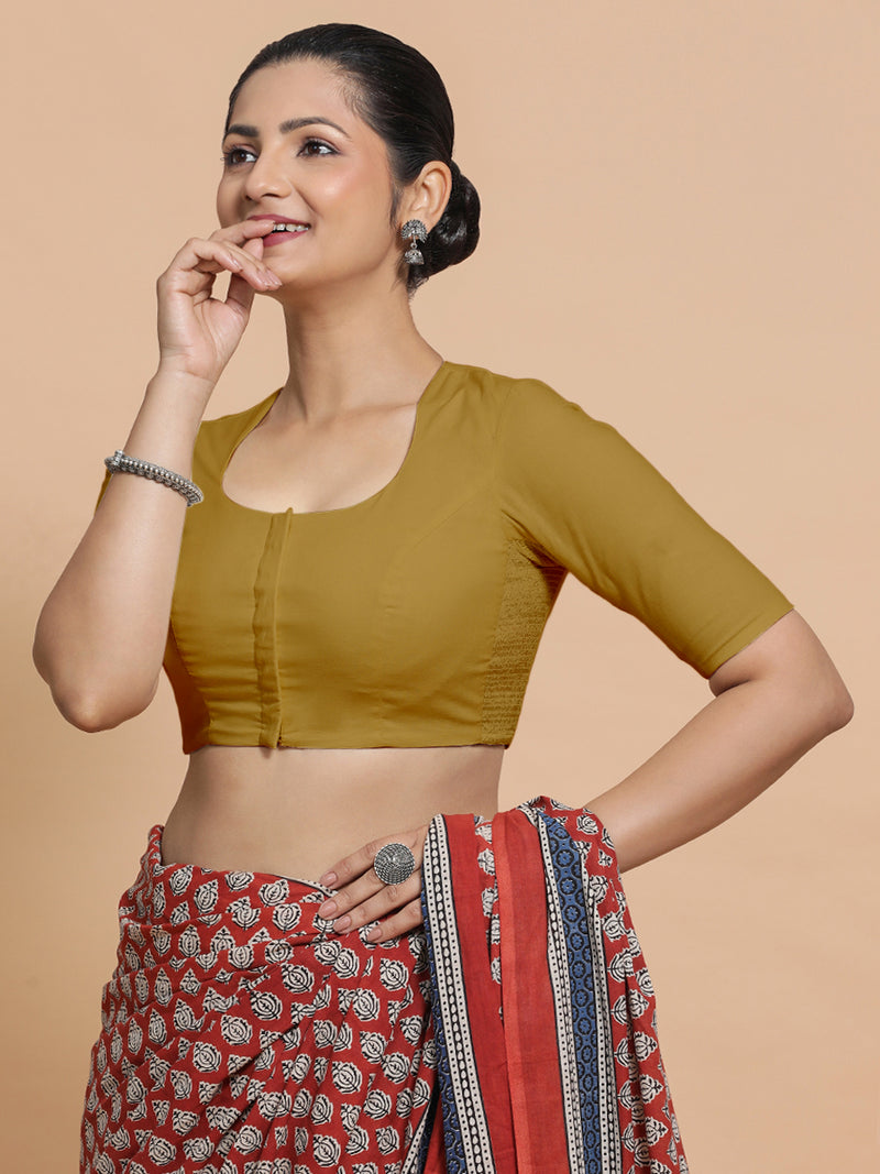 Sajal x Rozaana | Pot Neck Khaki Plain Cotton Saree Blouse-Binks