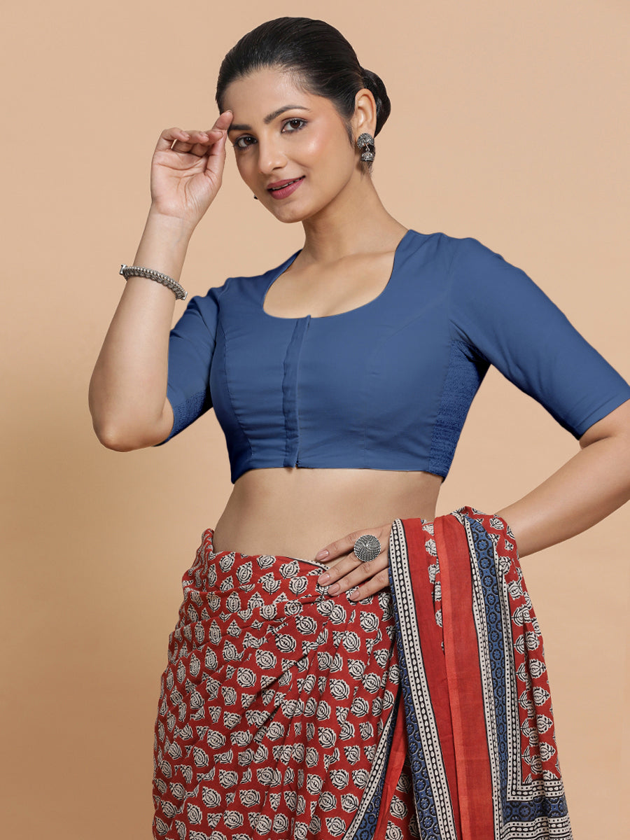 Sajal x Rozaana Saree Blouse, in Blue 100% Cotton - Solid, featuring elbow sleeves and pot neckline, made for daily & work.
