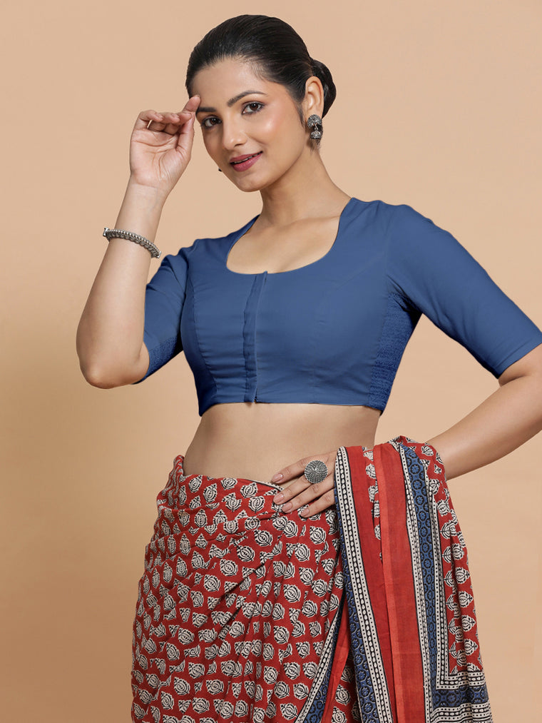 Sajal x Rozaana Saree Blouse, in Blue 100% Cotton - Solid, featuring elbow sleeves and pot neckline, made for daily & work.