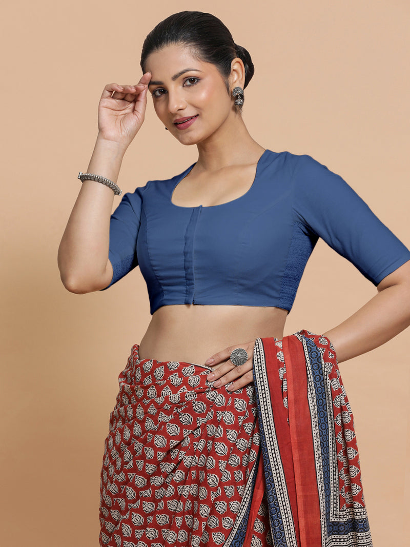 Sajal x Rozaana | Elbow Sleeves Saree Blouse in Lapis Blue Plain Cotton-Binks