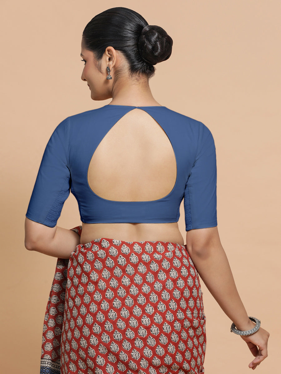 Sajal x Rozaana Saree Blouse, in Blue 100% Cotton - Solid, featuring elbow sleeves and pot neckline, made for daily & work.