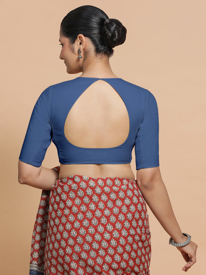 Sajal x Rozaana | Elbow Sleeves Saree Blouse in Lapis Blue Plain Cotton-Binks