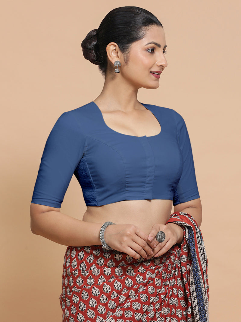 Sajal x Rozaana | Elbow Sleeves Saree Blouse in Lapis Blue Plain Cotton-Binks
