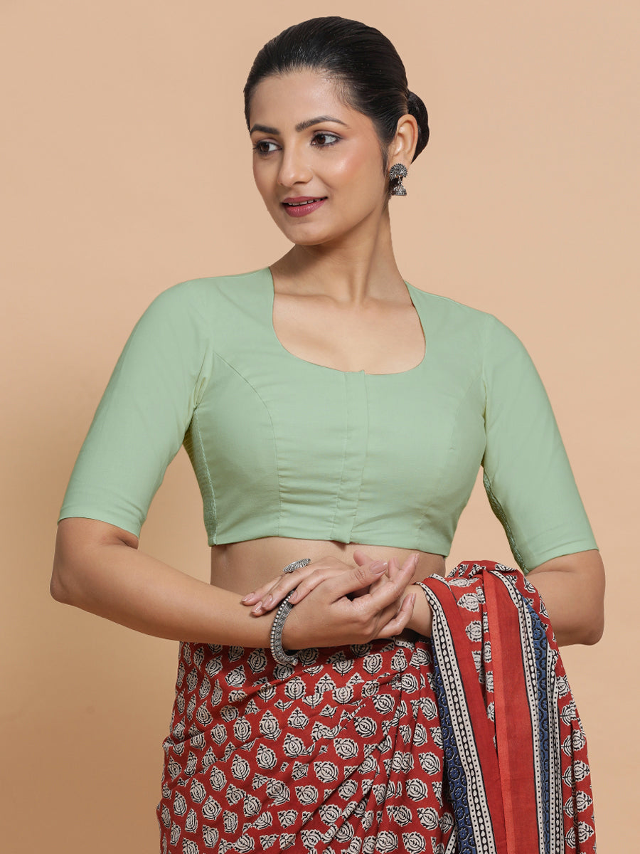 Sajal x Rozaana Saree Blouse, in Green Cotton, featuring elbow sleeves and pot neckline, made for daily & work.