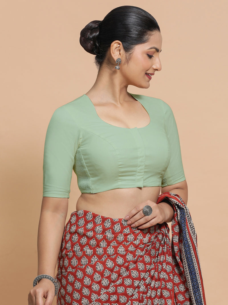 Sajal x Rozaana | Pot Neck Light Sage Plain Cotton Saree Blouse-Binks