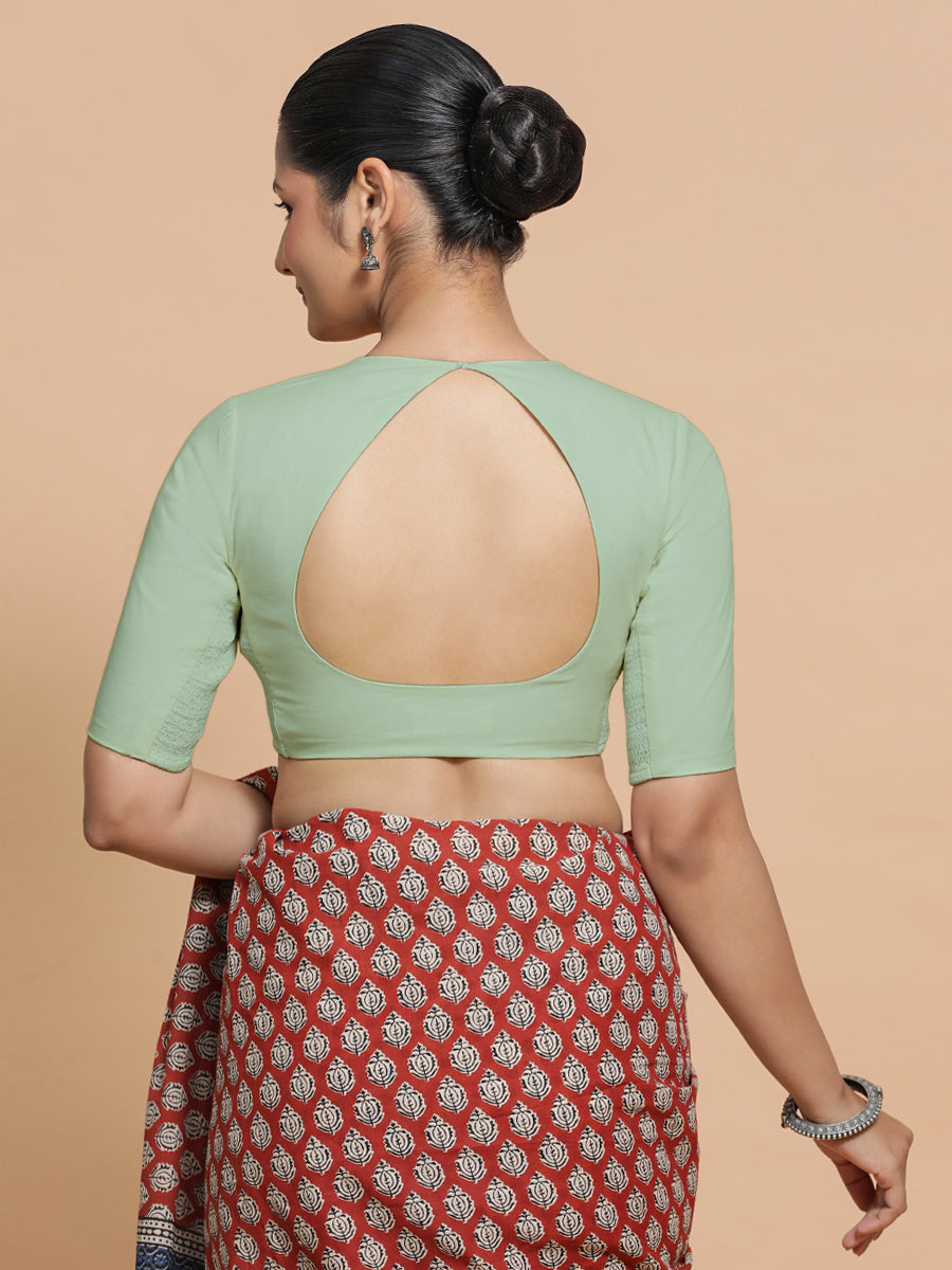 Sajal x Rozaana Saree Blouse, in Green Cotton, featuring elbow sleeves and pot neckline, made for daily & work (view 2).