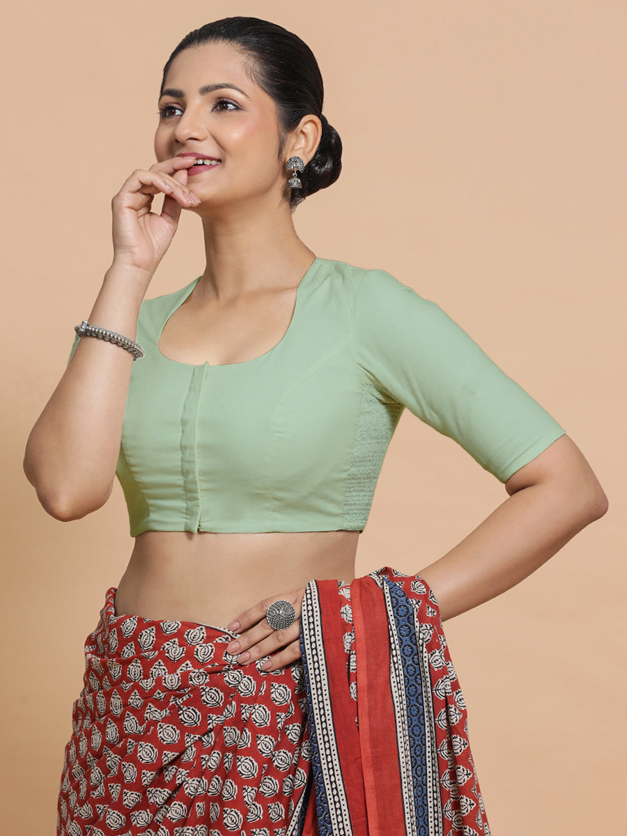 Sajal x Rozaana Saree Blouse, in Green Cotton, featuring elbow sleeves and pot neckline, made for daily & work (view 8).