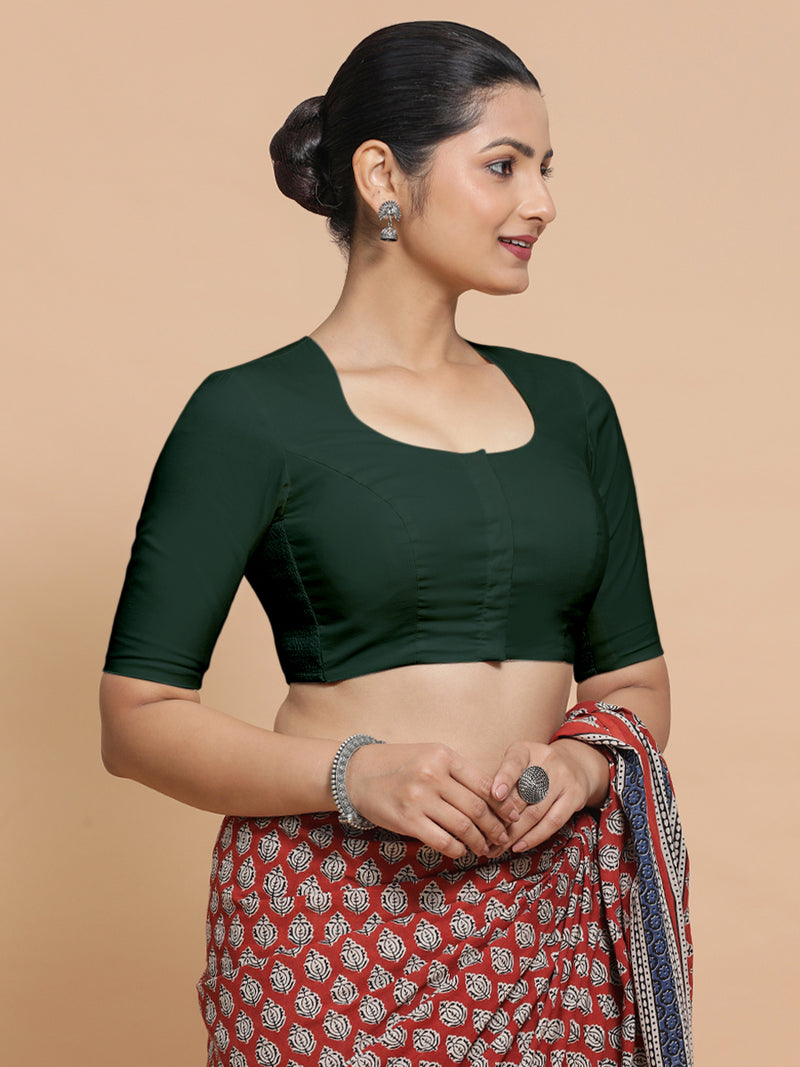 Sajal x Rozaana | Pot Neck Moss Green Plain Cotton Saree Blouse-Binks