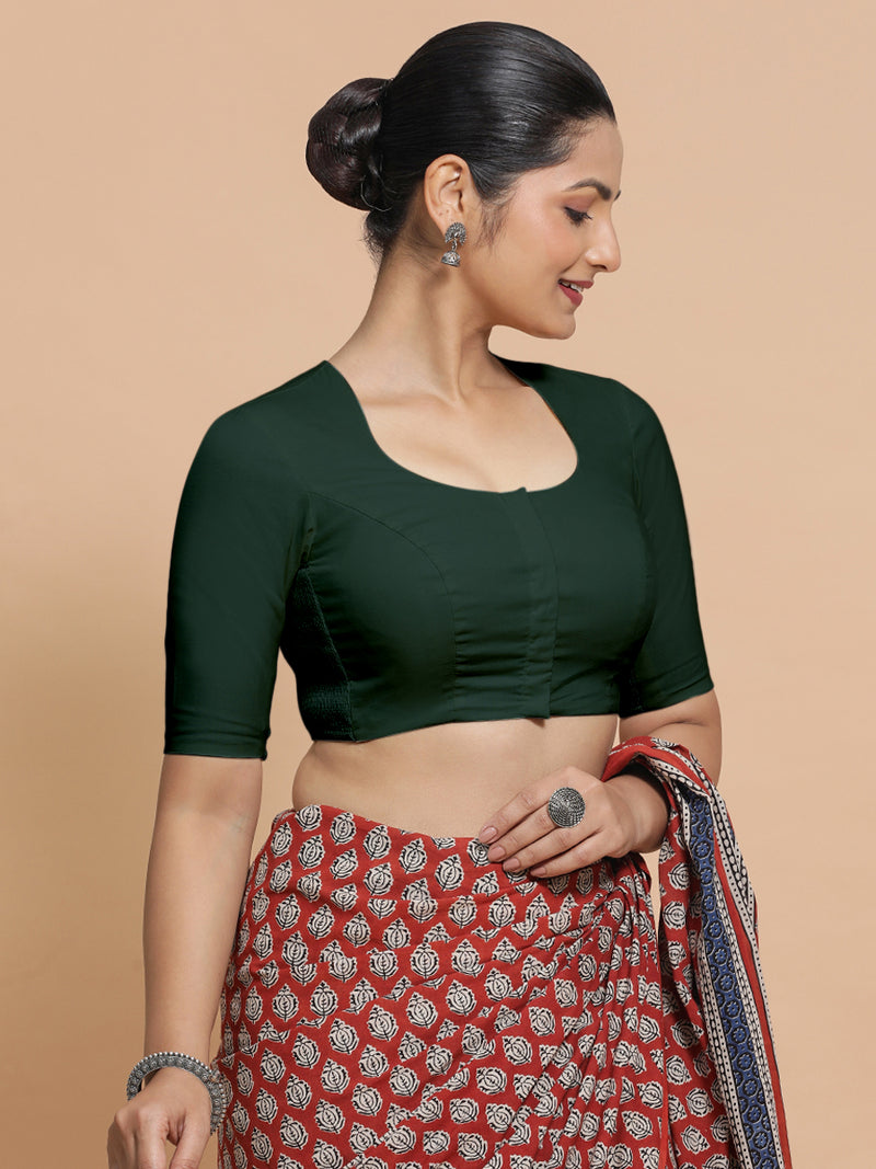 Sajal x Rozaana | Pot Neck Moss Green Plain Cotton Saree Blouse-Binks