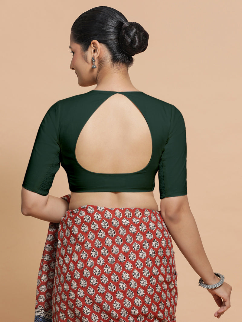 Sajal x Rozaana | Pot Neck Moss Green Plain Cotton Saree Blouse-Binks
