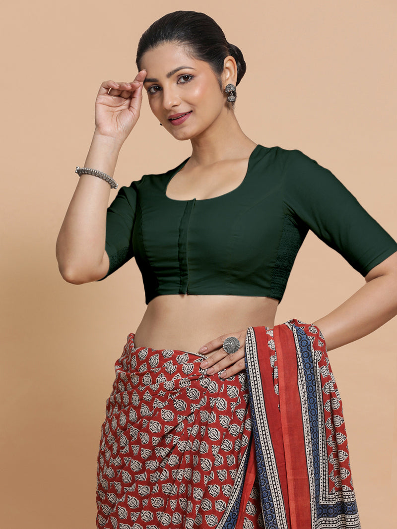 Sajal x Rozaana | Pot Neck Moss Green Plain Cotton Saree Blouse-Binks