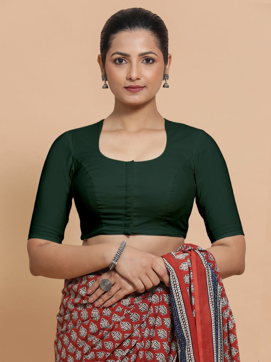Sajal x Rozaana Saree Blouse, in Green Cotton, featuring elbow sleeves and pot neckline, made for daily & work (view 7).