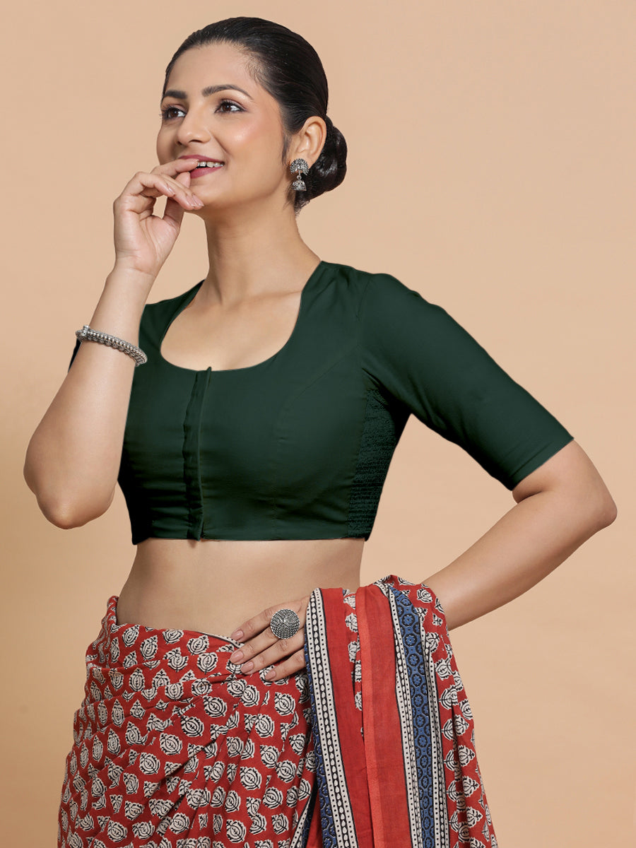 Sajal x Rozaana Saree Blouse, in Green Cotton, featuring elbow sleeves and pot neckline, made for daily & work (view 8).
