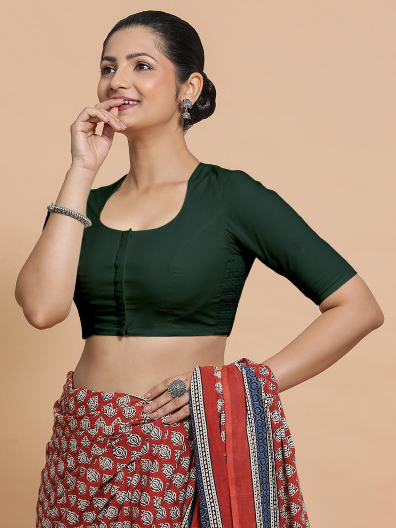 Sajal x Rozaana | Pot Neck Moss Green Plain Cotton Saree Blouse-Binks