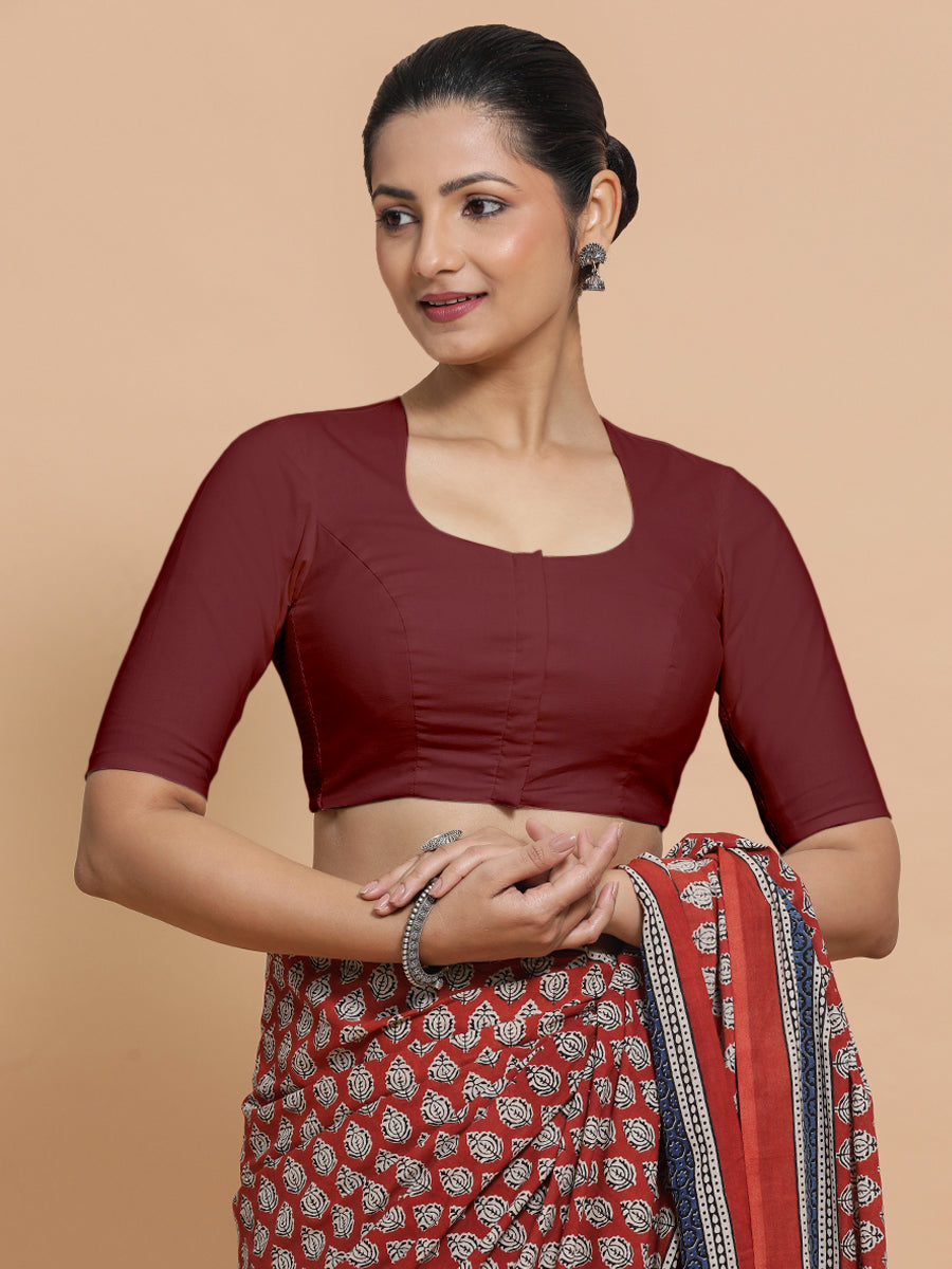 Sajal x Rozaana Saree Blouse, in Maroon Cotton, featuring elbow sleeves and pot neckline, made for daily & work.