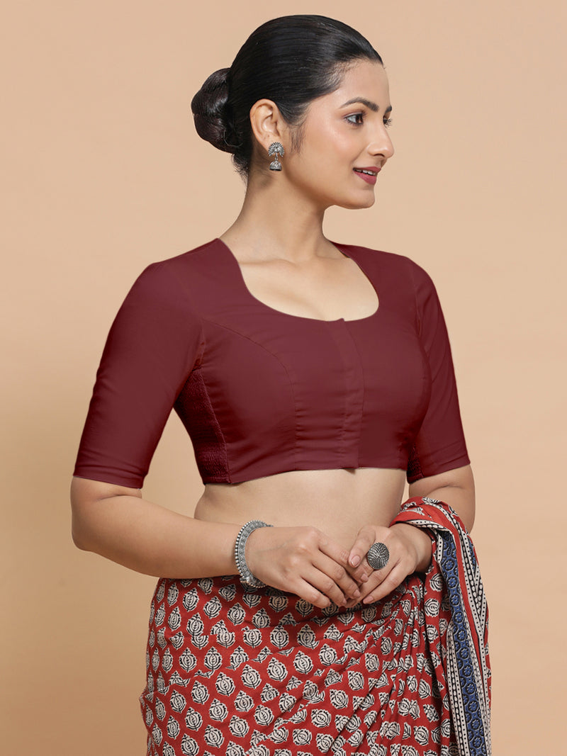 Sajal x Rozaana | Pot Neck Royal Maroon Plain Cotton Saree Blouse-Binks