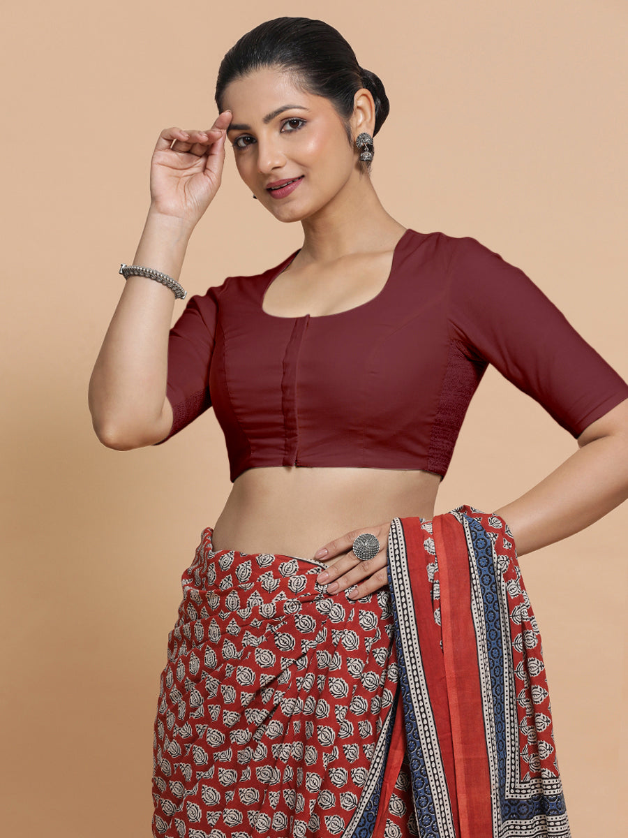 Sajal x Rozaana Saree Blouse, in Maroon Cotton, featuring elbow sleeves and pot neckline, made for daily & work (view 6).