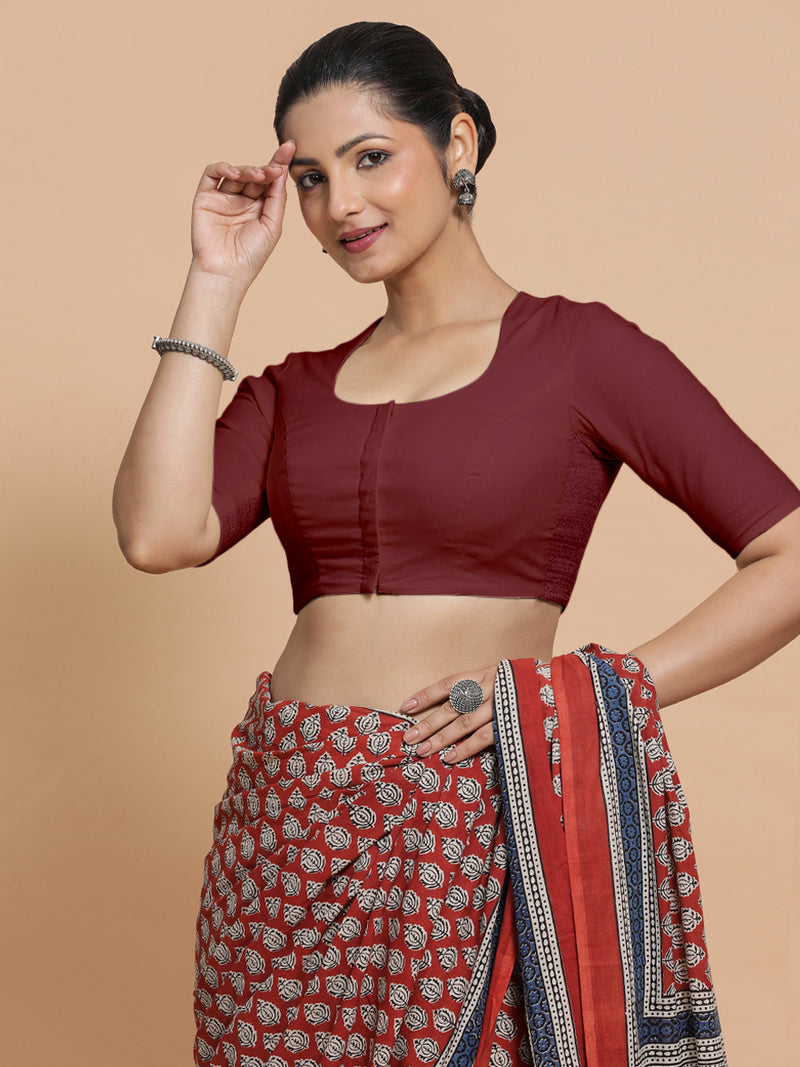 Sajal x Rozaana | Pot Neck Royal Maroon Plain Cotton Saree Blouse-Binks
