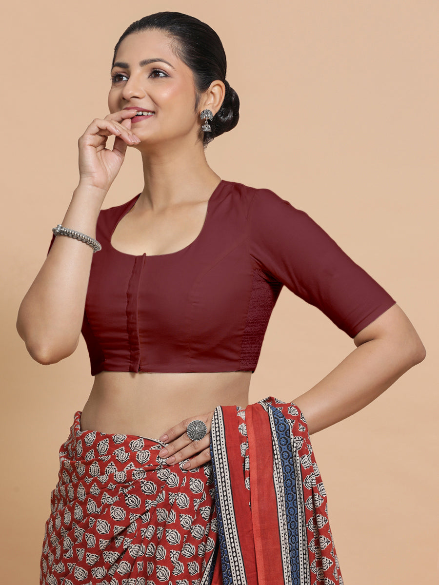 Sajal x Rozaana Saree Blouse, in Maroon Cotton, featuring elbow sleeves and pot neckline, made for daily & work (view 8).
